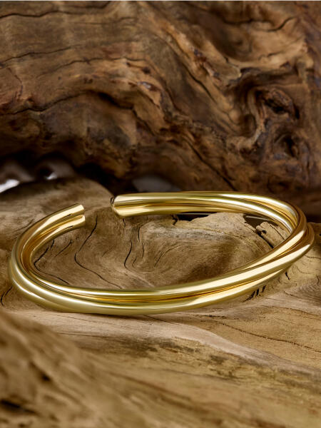 A bangle made from yellow gold is looped around the knot of a tree limb.