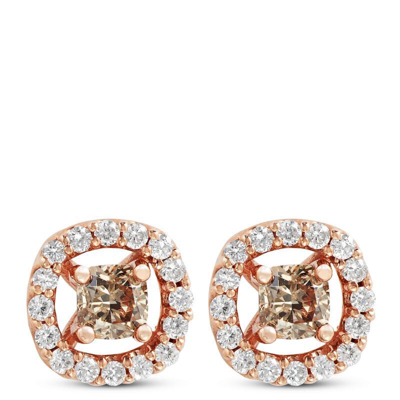 Brown diamond stud earrings with halo setting