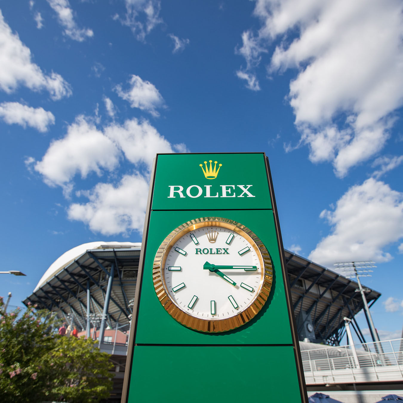 Large Rolex clock signifies the watchmaker's place as official timekeeper of US Open Tennis.