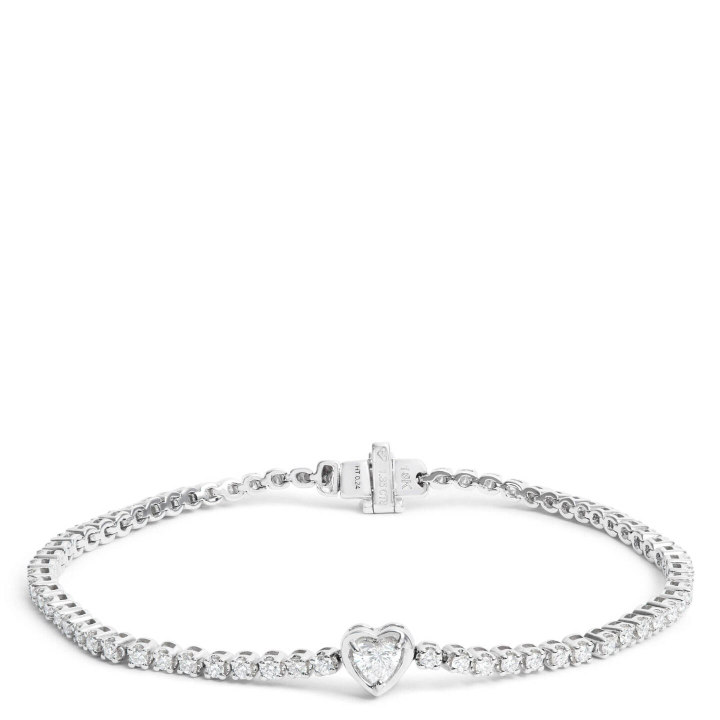 A heart shaped diamond bracelet in 14k white gold against a white background