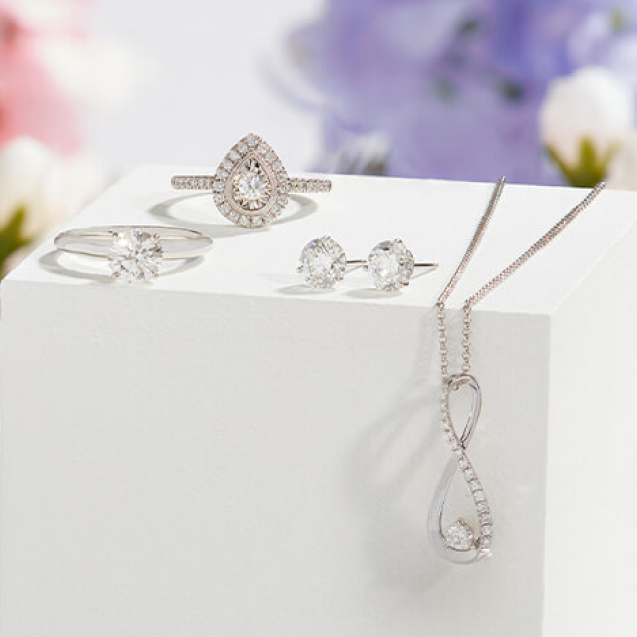 Ikuma Canadian Diamond jewelry rests on a white platform