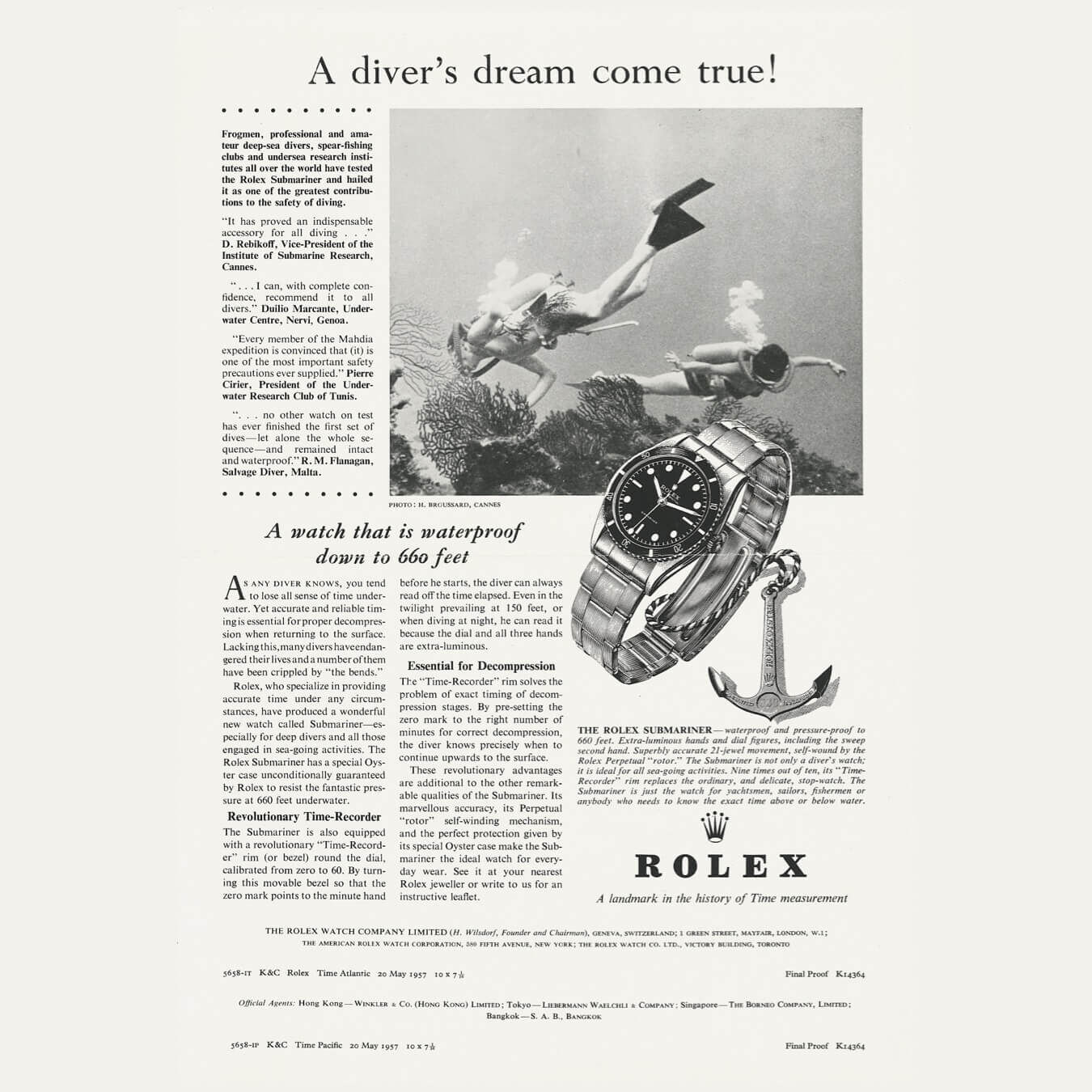 An old ad from the 1950s that corresponds with the historic release of the Rolex Submariner divers' watch
