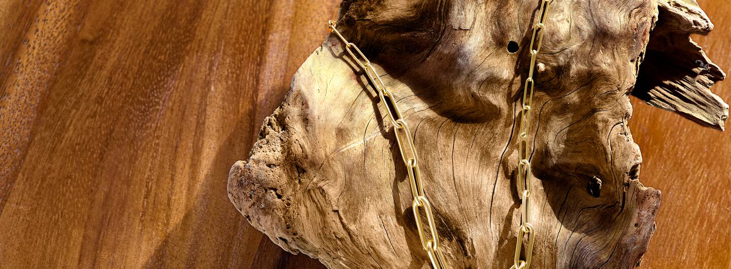 A 14k yellow gold link necklace is draped over a smooth piece of knotted driftwood.