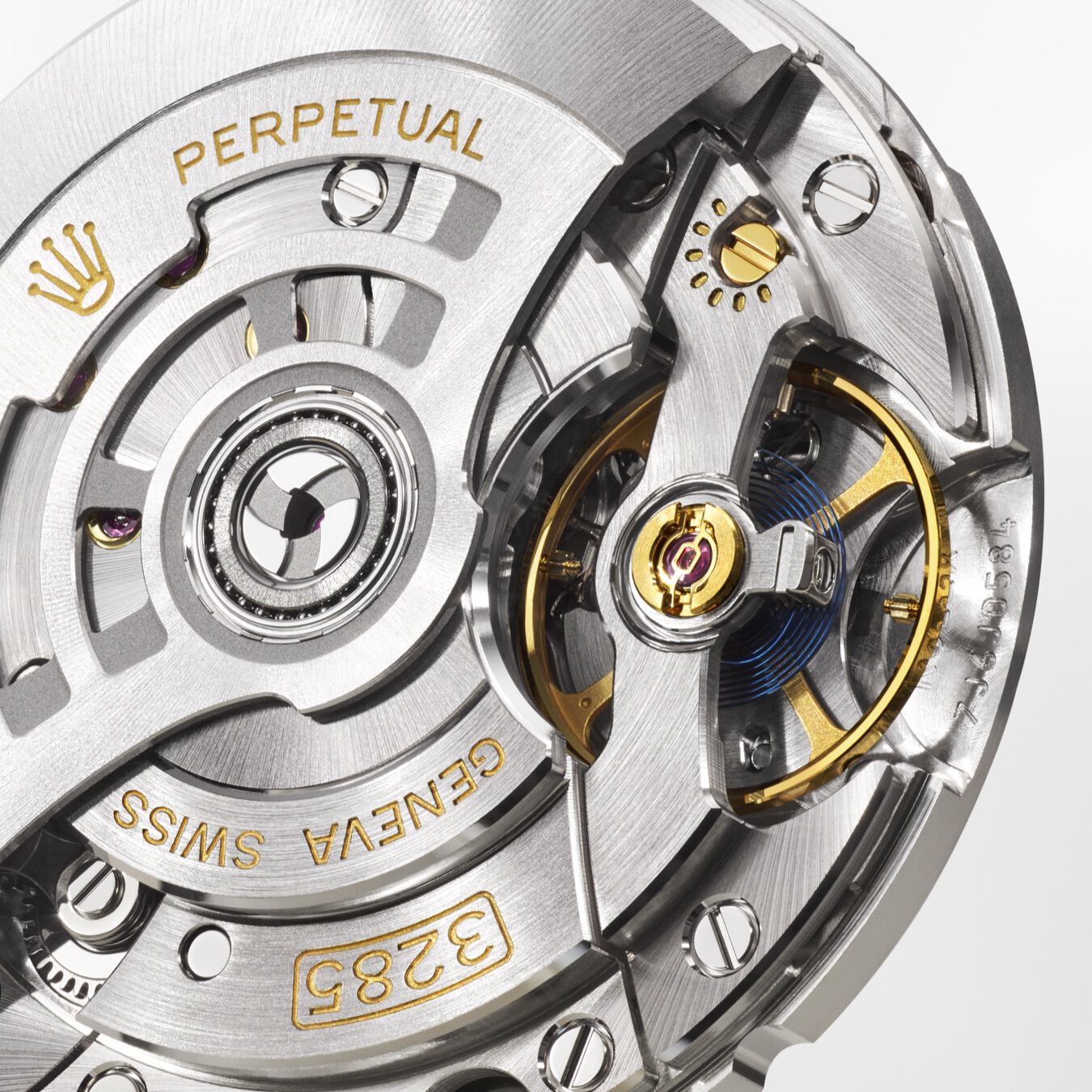 Close-up of the Rolex calibre 3285 perpetual mechanical watch movement. 