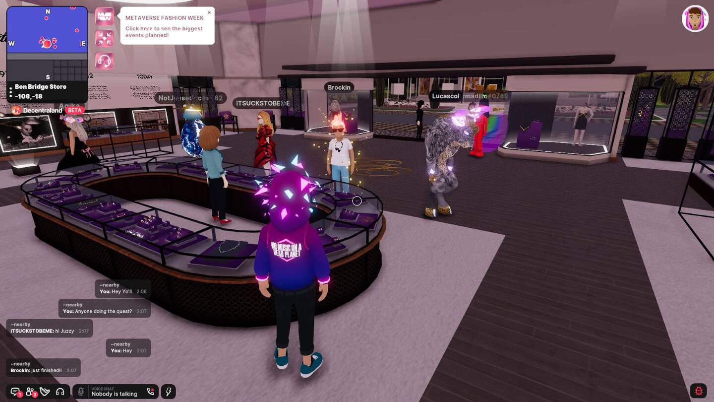 A group of characters gather around a virtual jewelry display case in the Metaverse. 