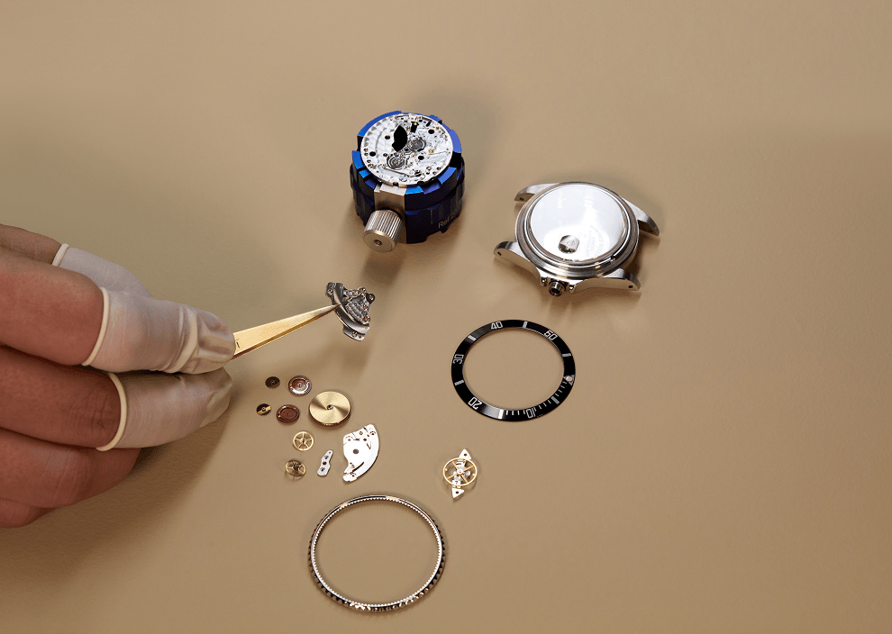 Multiple watch components laid out on a surface