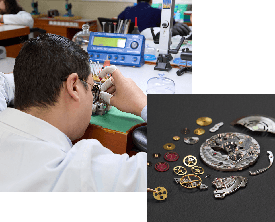 Overlapping images with watchmaker examining watch, as well as a closeup image of watch interior.