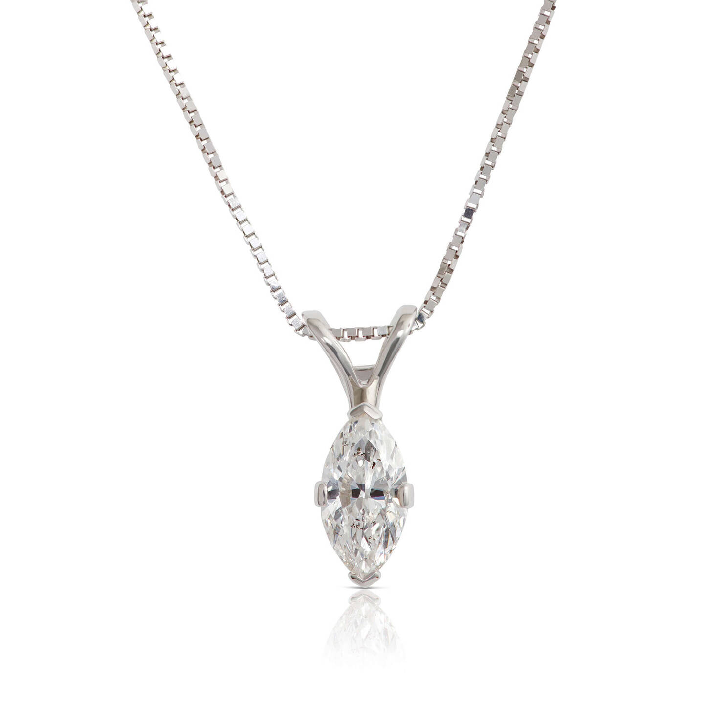 Beautiful marquise cut diamond necklace in 14k white gold shimmers against a white background
