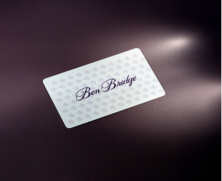 A Ben Bridge gift card shown from above on a purple surface