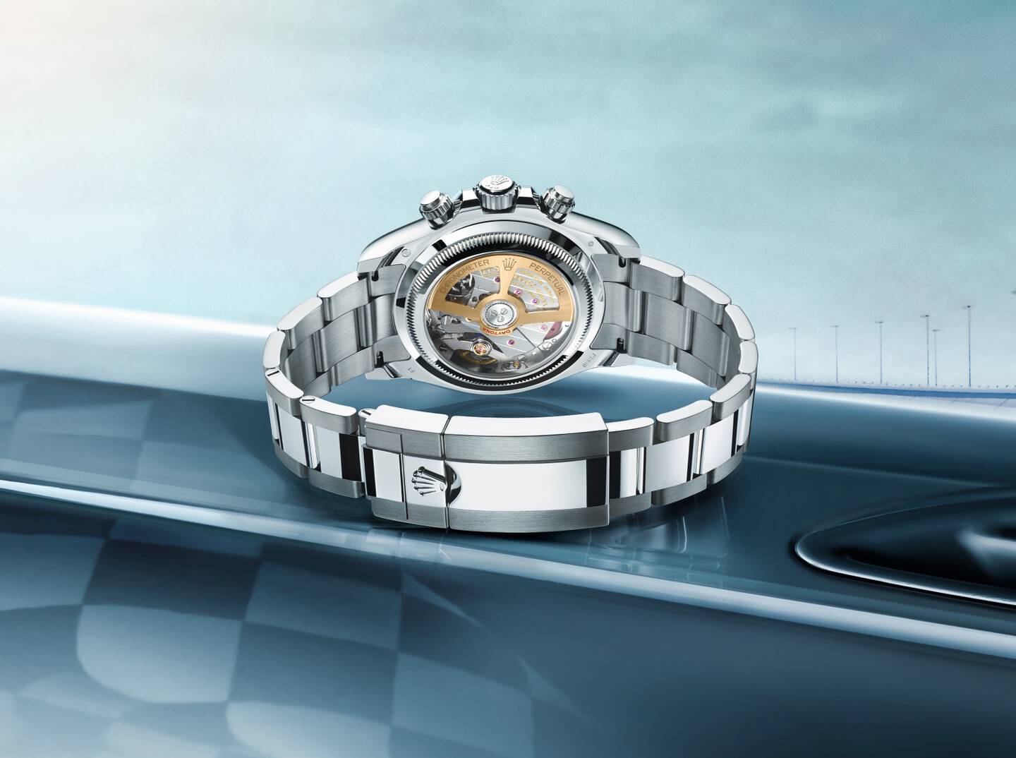 Rolex Daytona seen from the back to highlight the calibre 4131 movement
