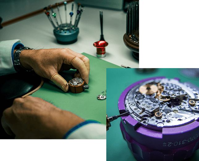 Overlapping images with watchmaker examining watch, as well as a closeup image of watch interior.
