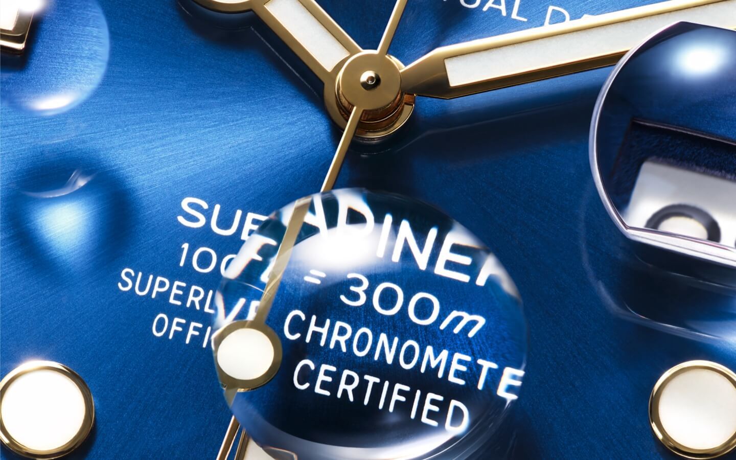 Oyster Perpetual Submariner with a blue dial and drop of water magnifying some of the words on the face