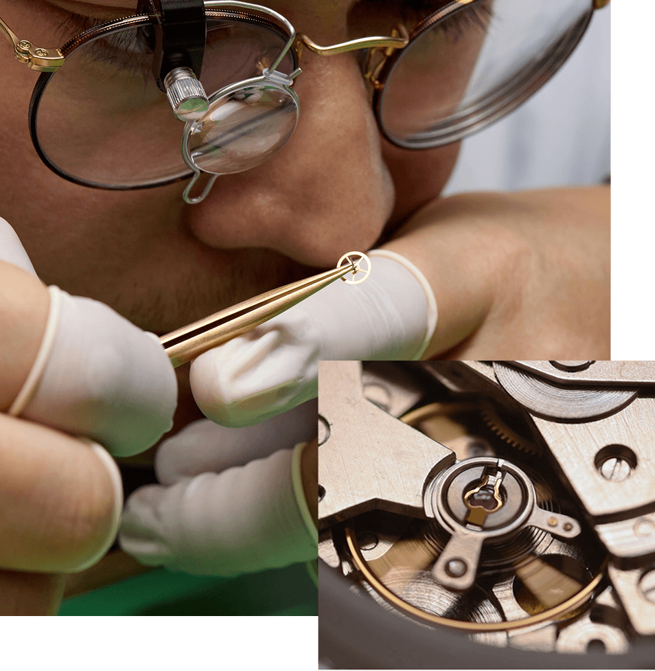 Overlapping images consisting of interior image of watch along with watch tech closely inspecting part