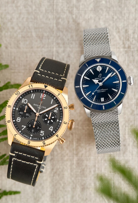 Two luxury watches shown dial up on a textured linen background of beige with evergreen leaves.
