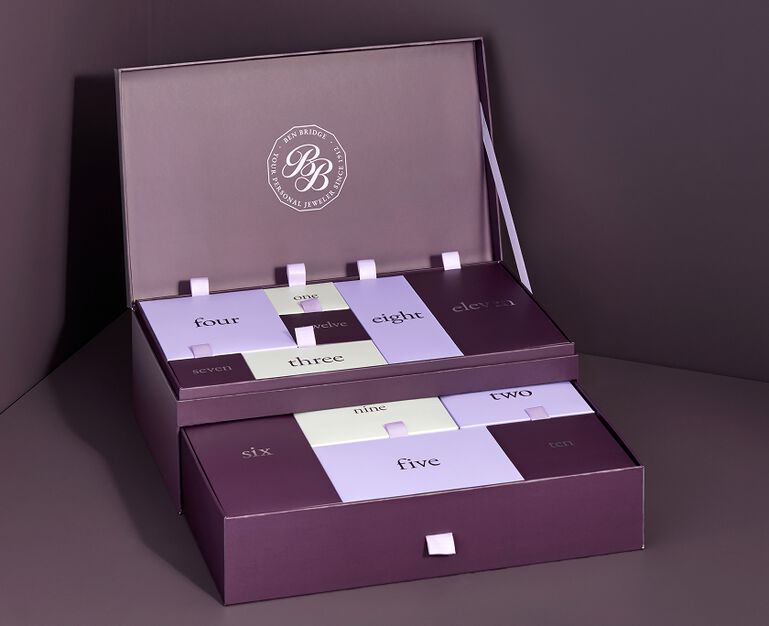 The inside of the new Ben Bridge advent calendar showing days marked on boxes in varying shades of purple and cream. 