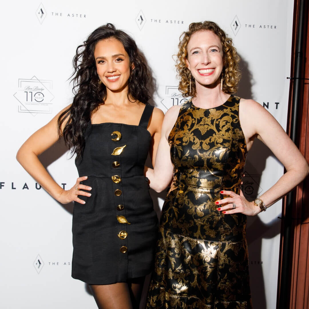 Jessica Alba and Ben Bridge CEO lisa Bridge celebrate their partnership in black and gold dresses and Ben Bridge jewelry. 