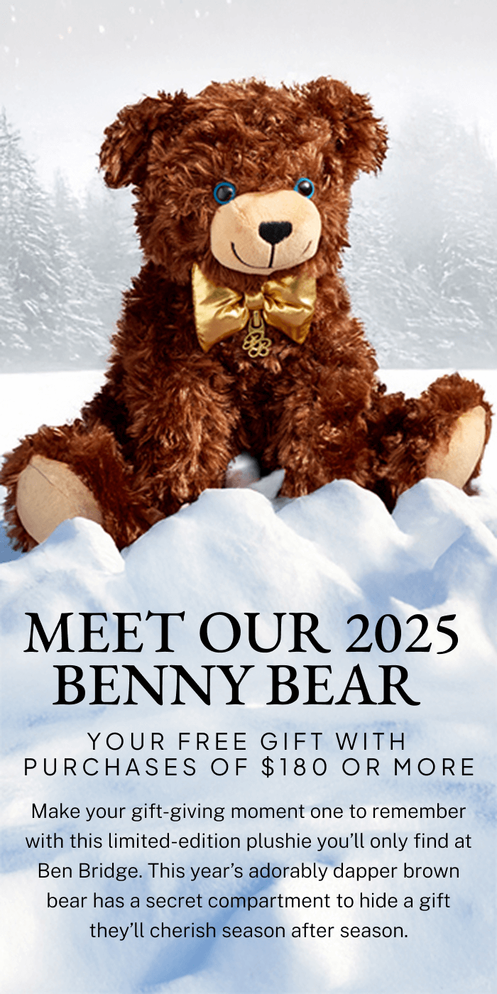 A limited edition 2025 Benny Bear plushie sits on a little mound of show with a snowy winter landscape in the background. 