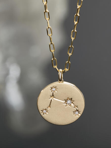 A gold zodiac necklace with diamonds. 