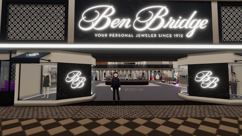 Ben Bridge store in the Metaverse with a clock man waiting to greet virtual customers