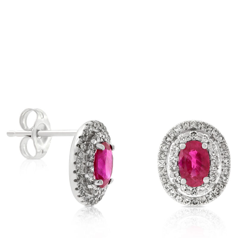 Ruby & Diamond Double Halo Earrings 14K image number 0