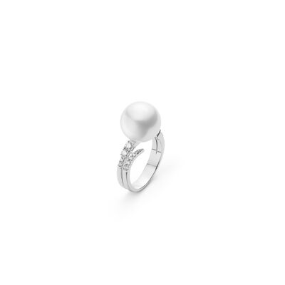 Mikimoto White South Sea Cultured Pearl Ring in 18K White Gold with Diamond
