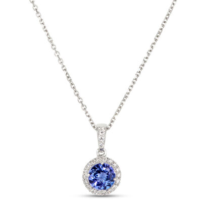 Round Tanzanite and Diamond Halo Pendant Necklace in 14K White Gold