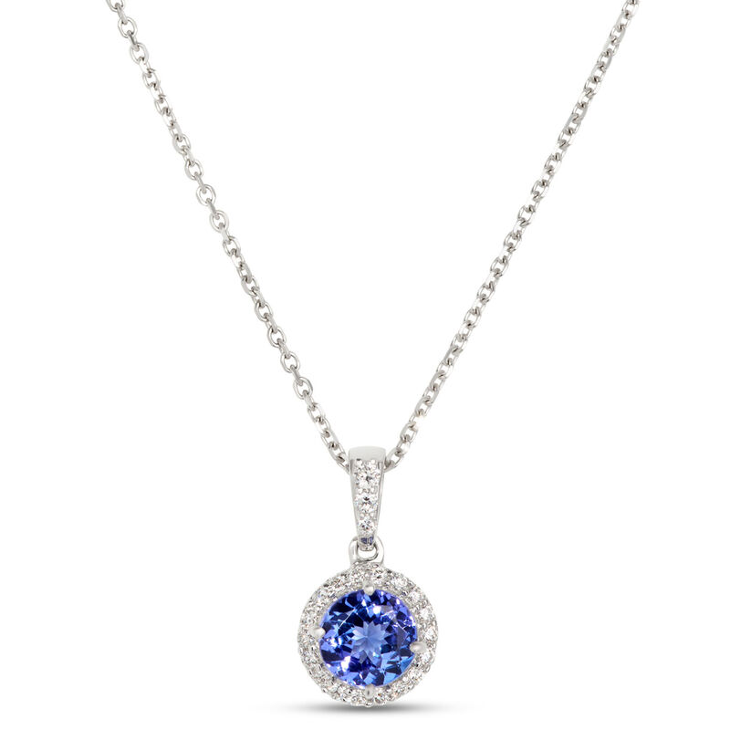 Round Tanzanite and Diamond Halo Pendant Necklace in 14K White Gold image number 0
