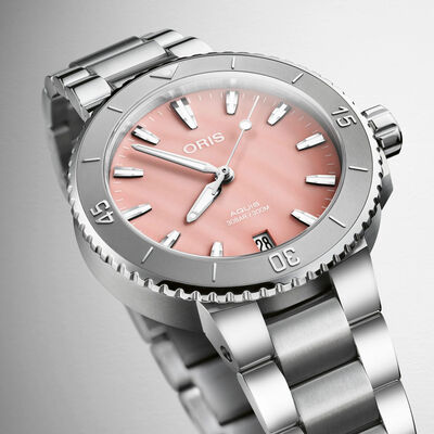 Oris Aquis Date Pink Mother of Pear Dial Watch, 36.5mm
