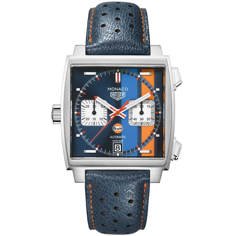 TAG Heuer Monaco Gulf Calibre 11 Automatic Mens Blue Leather Chronograph Watch image number 0