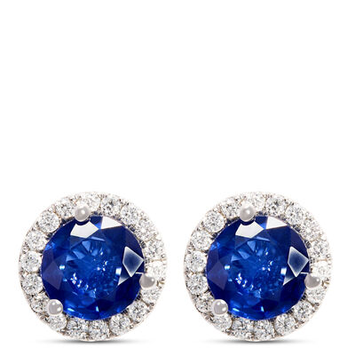 Classic Round Sapphire and Diamond Halo Studs, 14K White Gold