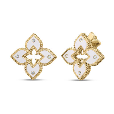 Roberto Coin 18K Yellow Gold Venetian Princess Diamond And White Enamel Flower Stud Earrings