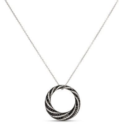 Classic Twisted Circle Pendant with Black and White Round Diamonds, 1 &frac12; Carat Total Weight, 14K White Gold