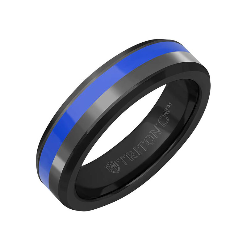 TRITON Blue Ceramic Channel and Bevel Edge Band in Grey Tungsten Carbide, 6MM image number 0