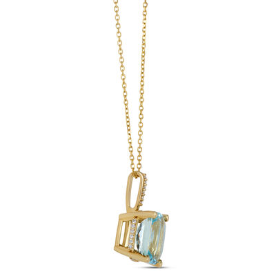 Cushion Aquamarine and Diamond Necklace, 1/10 Total Carat Weight, 14K Yellow Gold