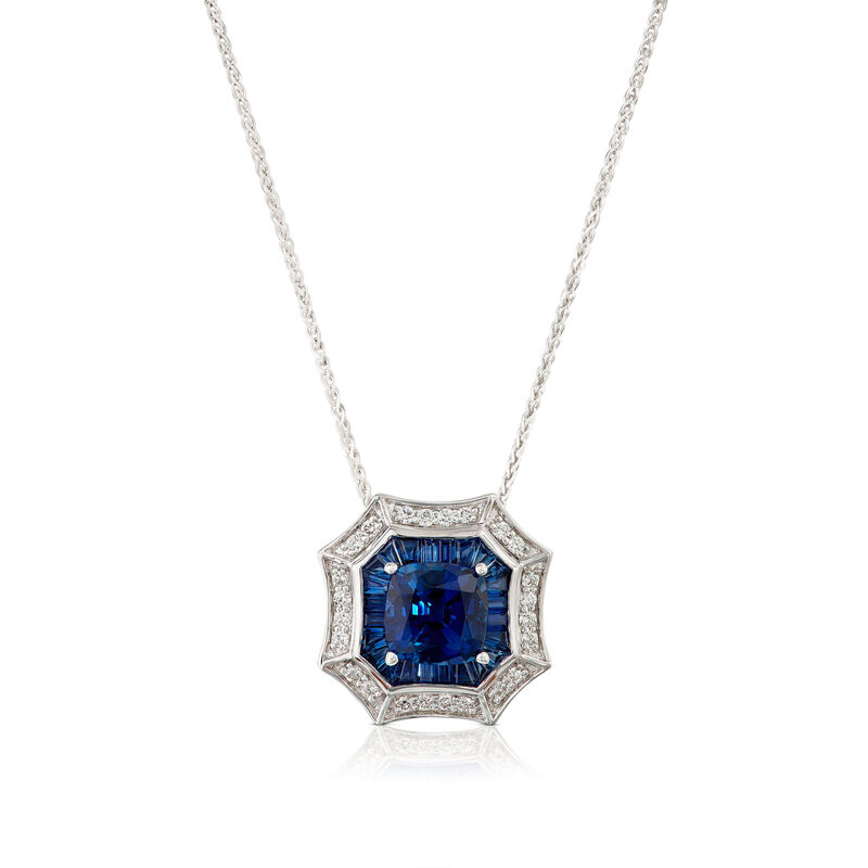 Square & Baguette Sapphire & Diamond Halo Necklace 14K image number 0