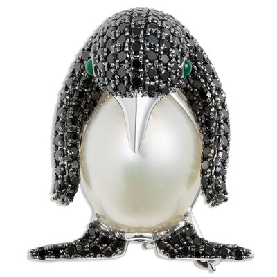 Penguin Brooch with Pearl, Emerald, and Black Diamonds, 18K White Gold