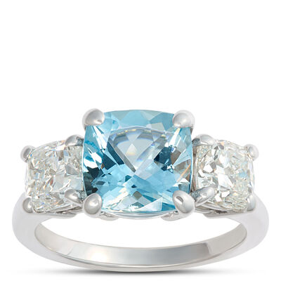 Cushion Cute Aquamarine and Diamond Ring, 14K White Gold