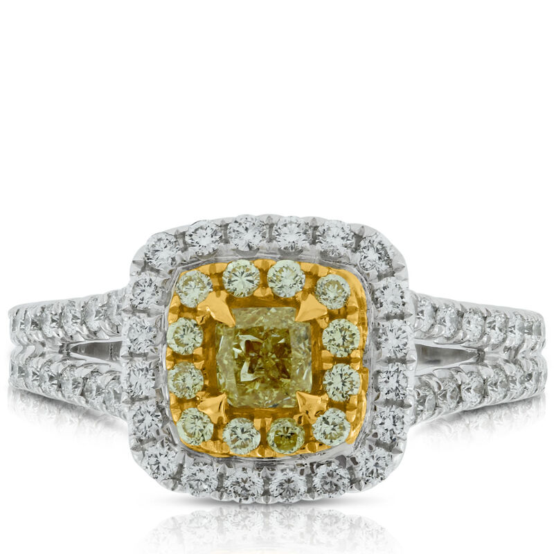 Cushion Yellow Diamond Halo Ring in 18K, 7/8 ctw. image number 2