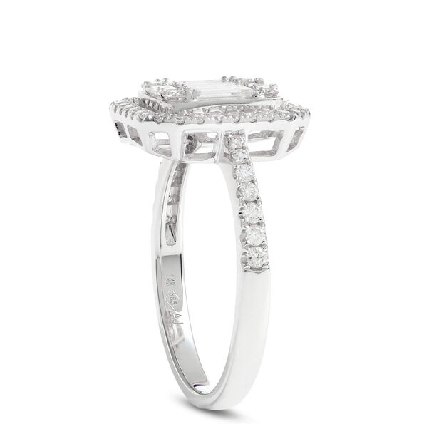 Baguette and Round Cut Halo Diamond Engagement Ring, 14K White Gold