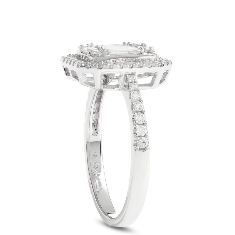 Baguette and Round Cut Halo Diamond Engagement Ring, 14K White Gold image number 2