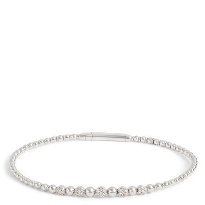 Flexy Bead Bangle with Diamond Cluster Stations, 14K White Gold