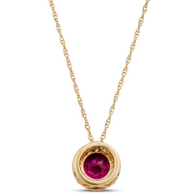 Round Rhodolite Halo Necklace, 14K Yellow Gold