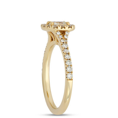Cushion Cut Diamond Ring with Round Diamond Halo, 1 ⅓ Carat Total Weight, 14K Yellow Gold