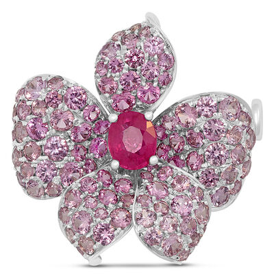  Floral Brooch with Rubies and Pink Sapphires, 14K White Gold