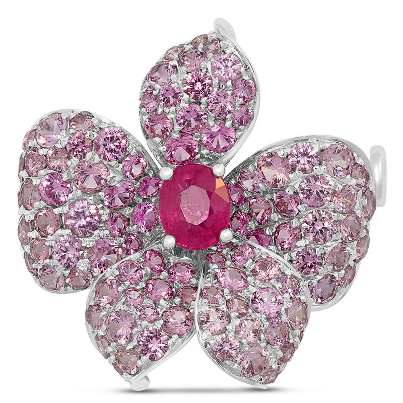  Floral Brooch with Rubies and Pink Sapphires, 14K White Gold image number 0