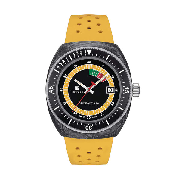Tissot Sidereals Powermatic 80 Watch Black Dial Yellow Rubber Strap, 41mm