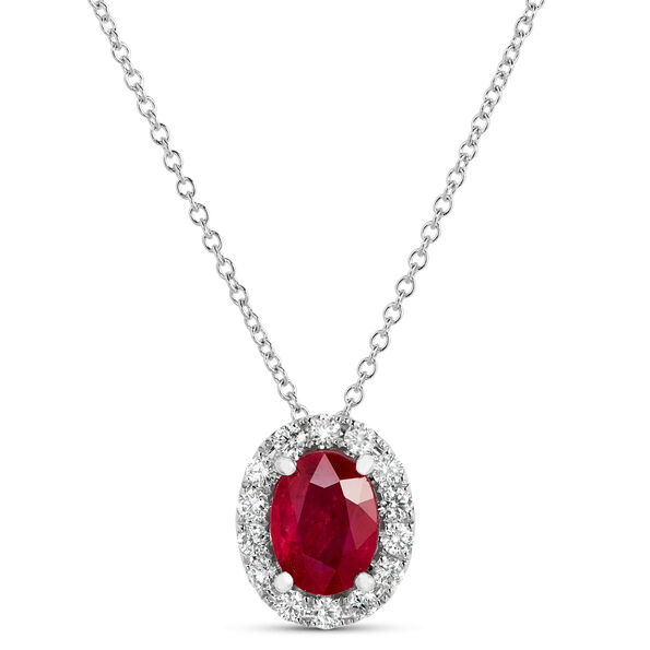 Oval Ruby Halo Diamond Pendant Necklace, 14K White Gold
