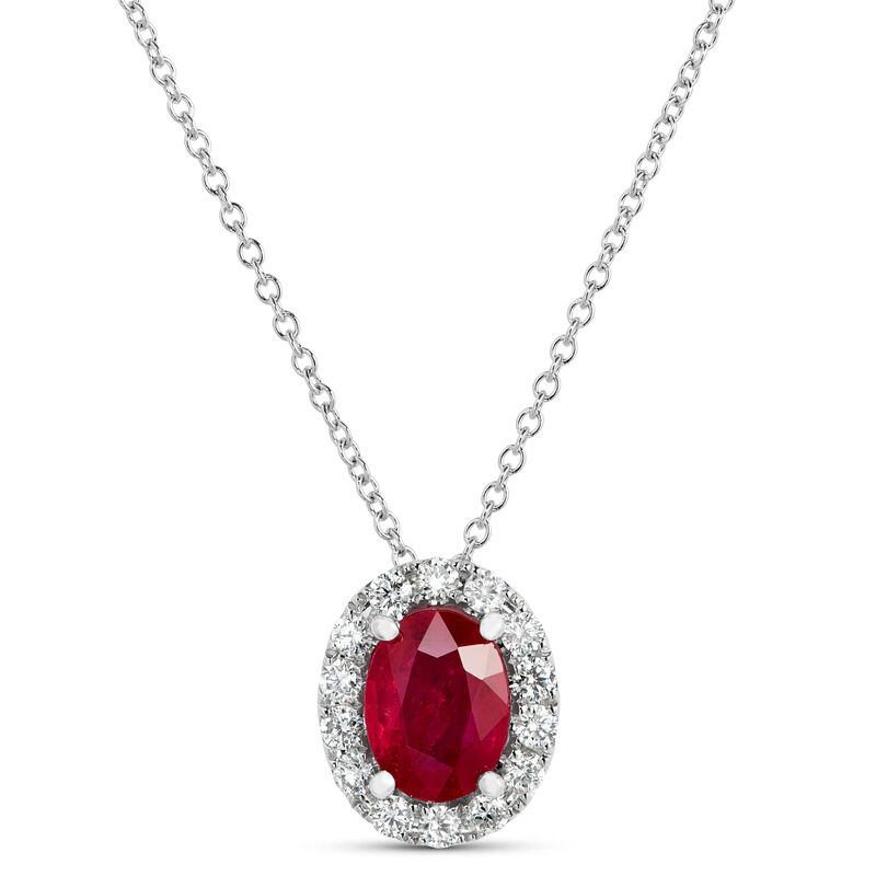 Oval Ruby Halo Diamond Pendant Necklace, 14K White Gold image number 0