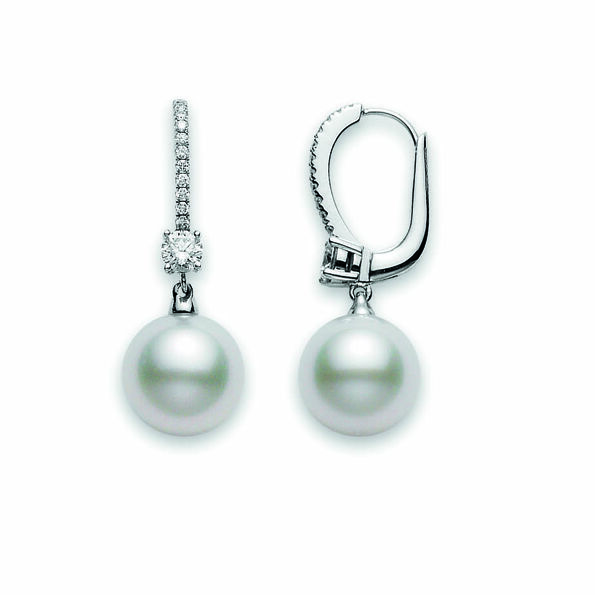 Mikimoto Classic Elegance White South Sea Cultured Pearl Earrings in 18K White Gold with Diamond