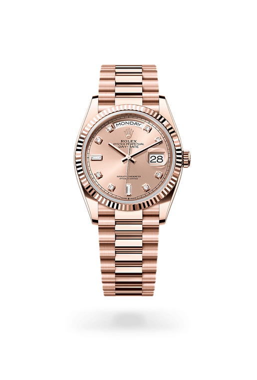 rolex day-date in 18 ct everose gold, m128235-0009 - ben bridge